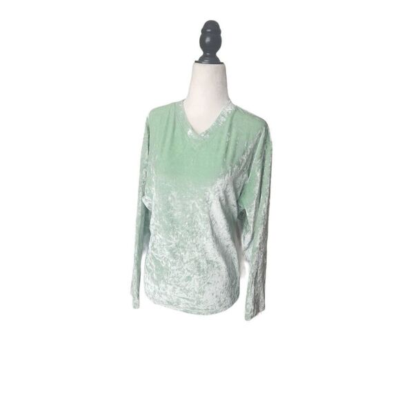 90s Cotton Ginny Mint Green Velour Crushed Velvet Long Sleeve Top Plus Sized 2x - Picture 1 of 5